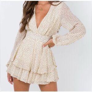 Japna Long Sleeve V-neck Polka Dot Frilly Tan &Brown Dress Size XS Tie back